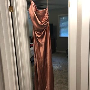 Revelry Jade Satin One Shoulder Bridesmaids Dress with Slit